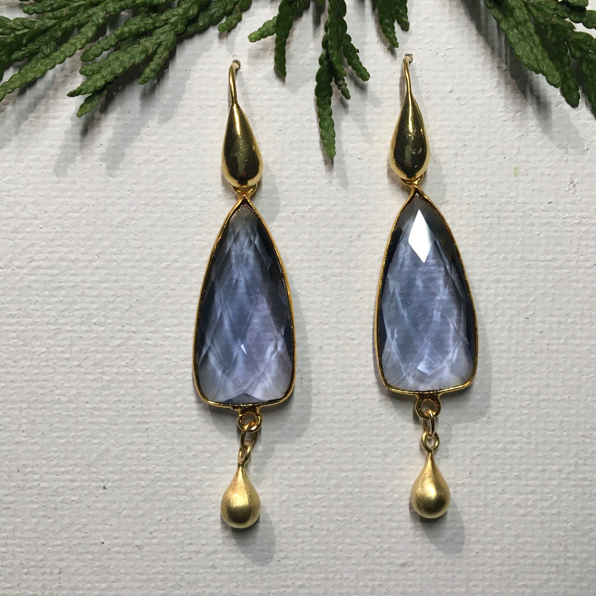 Tear Drop Gold and Iolite Earrings