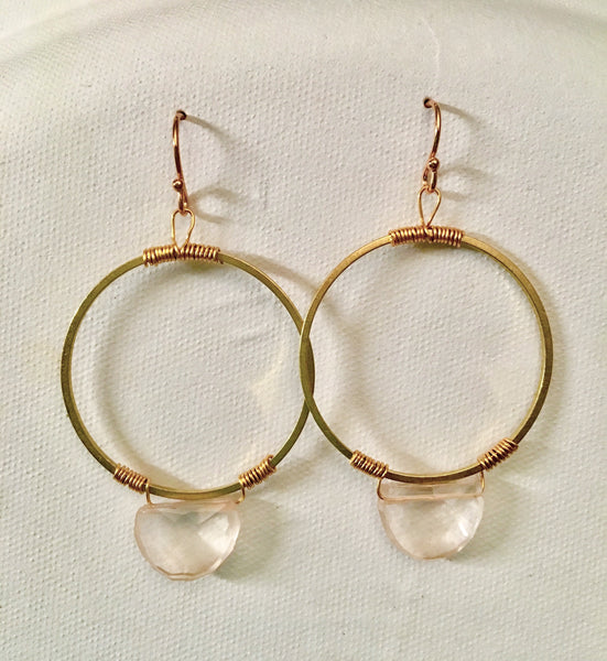 Warm and Quiet Brass and Rose Quartz Earrings