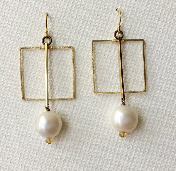 Geometric Gold Tone Pearl Earrings