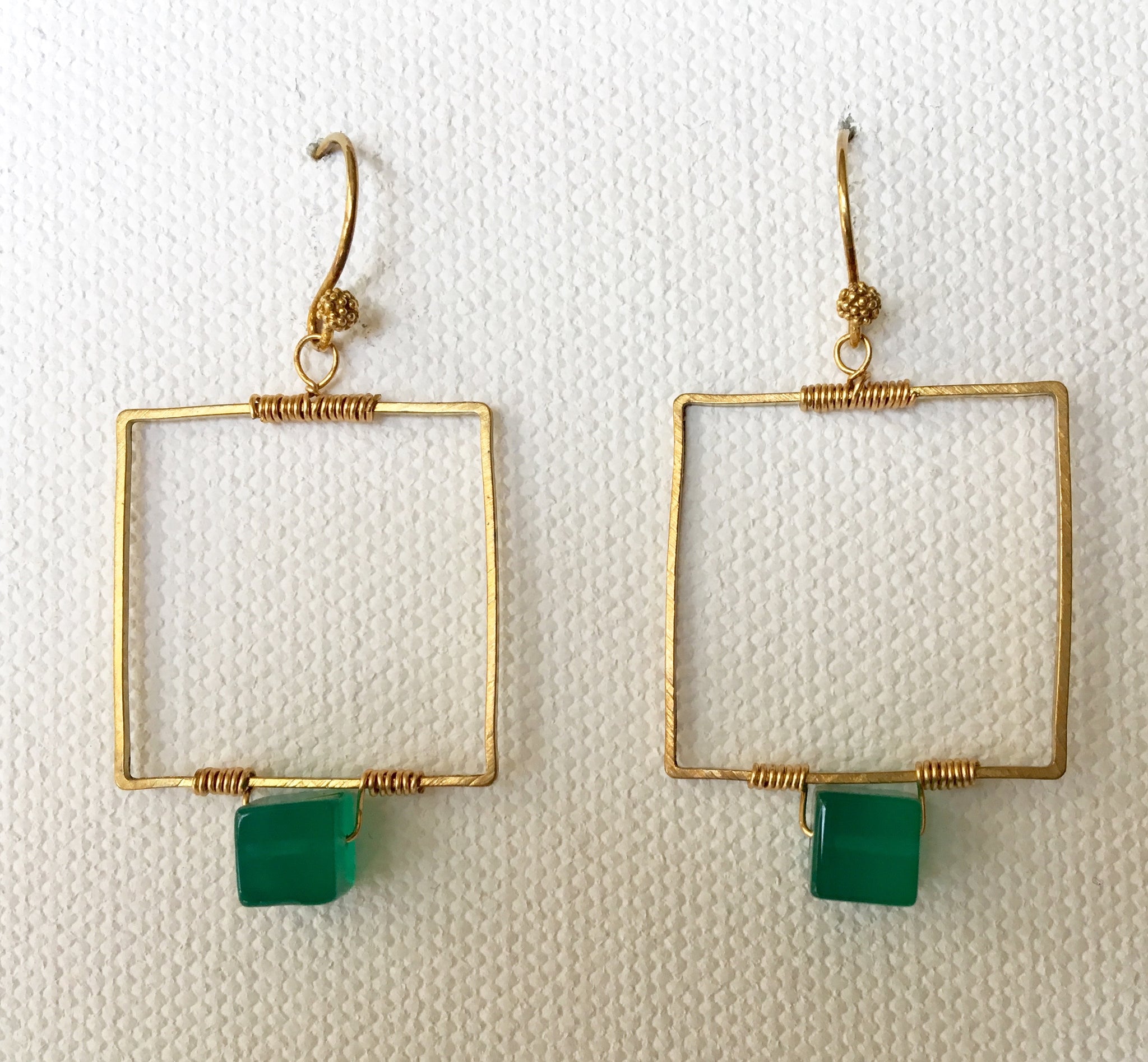 Squares - Green Onyx Cube Brass Earrings