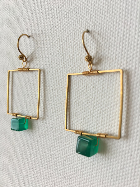 Squares - Green Onyx Cube Brass Earrings