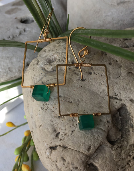 Squares - Green Onyx Cube Brass Earrings