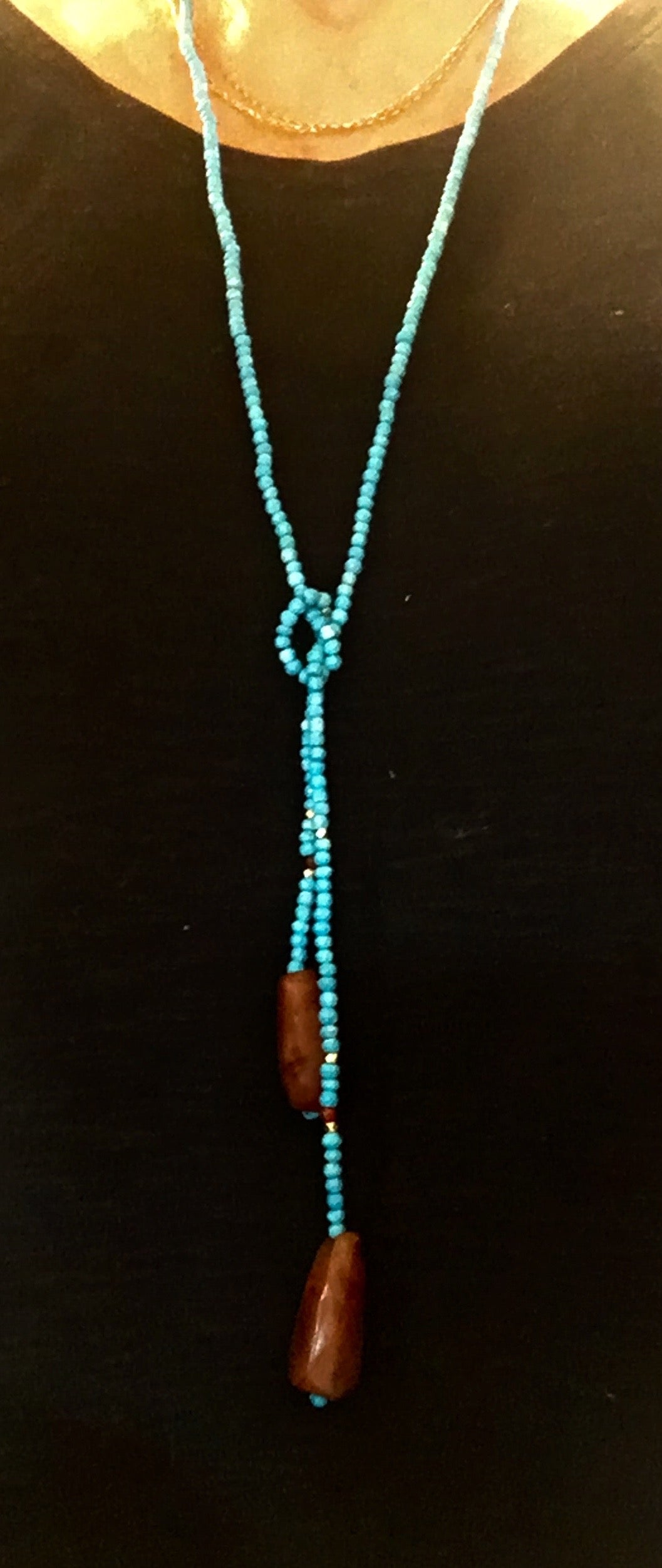 Long Lariat Aqua & Rusty Necklace